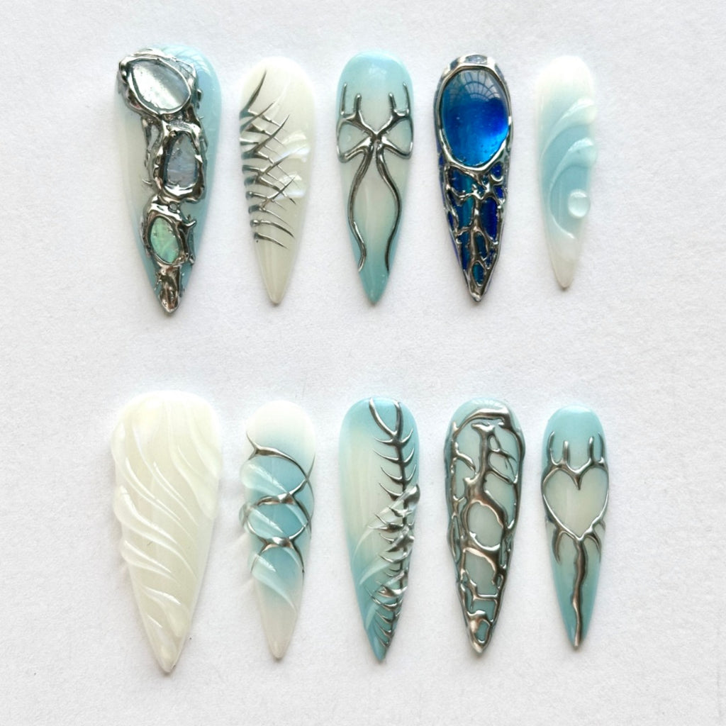 IceBlue Couture Stiletto Nails – 3D Silver Sculpted Art Press-Ons
