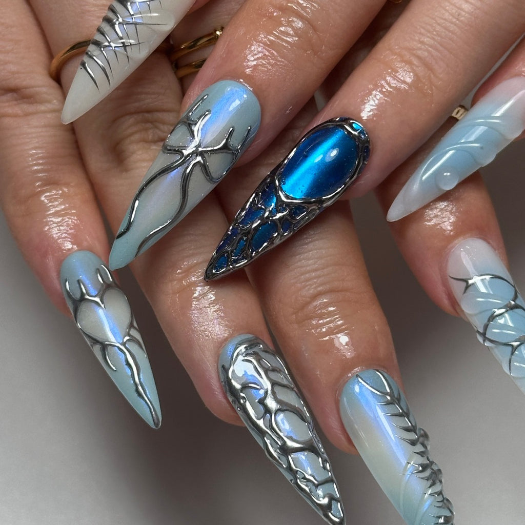 IceBlue Couture Stiletto Nails – 3D Silver Sculpted Art Press-Ons