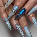 IceBlue Couture Stiletto Nails – 3D Silver Sculpted Art Press-Ons