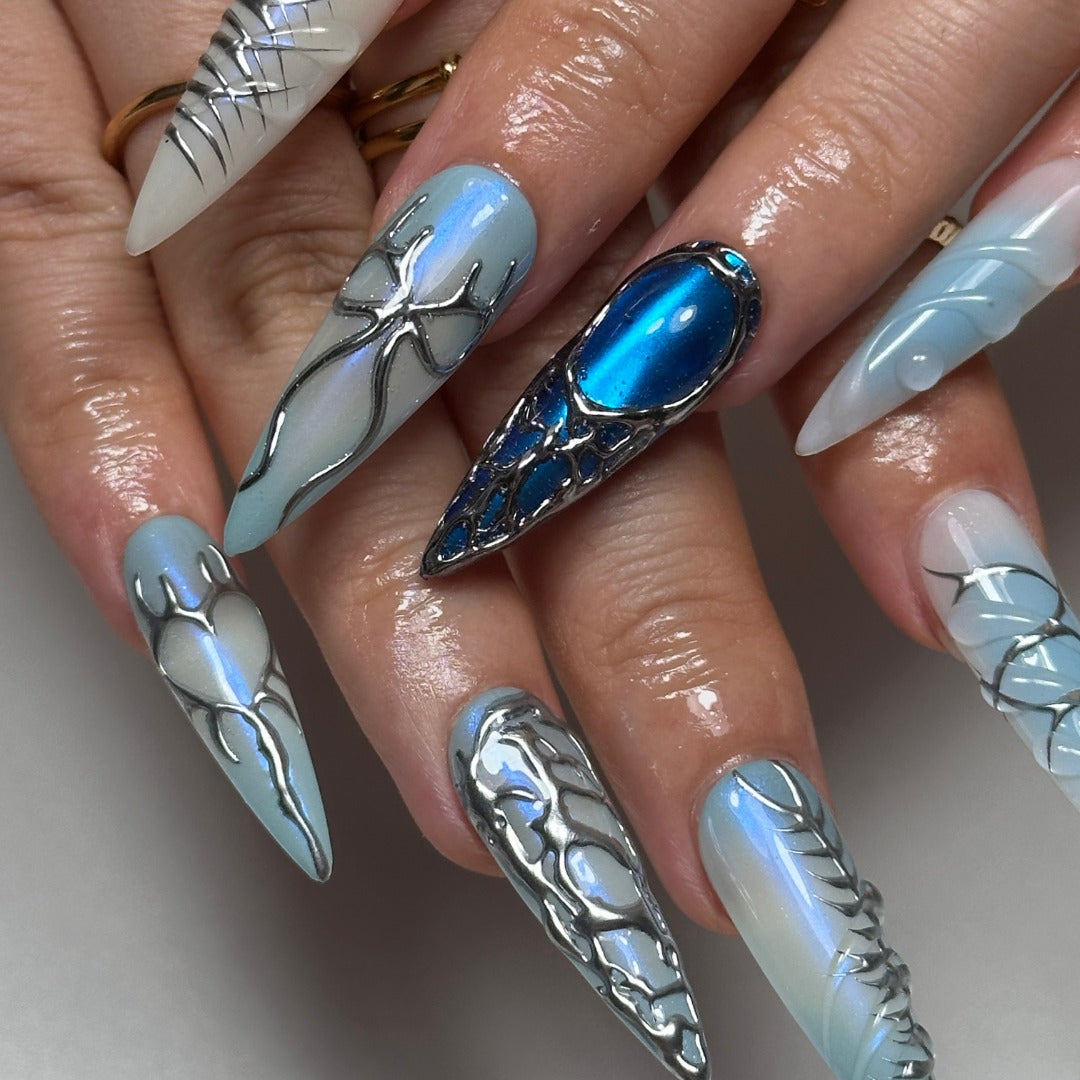 IceBlue Couture Stiletto Nails – 3D Silver Sculpted Art Press-Ons