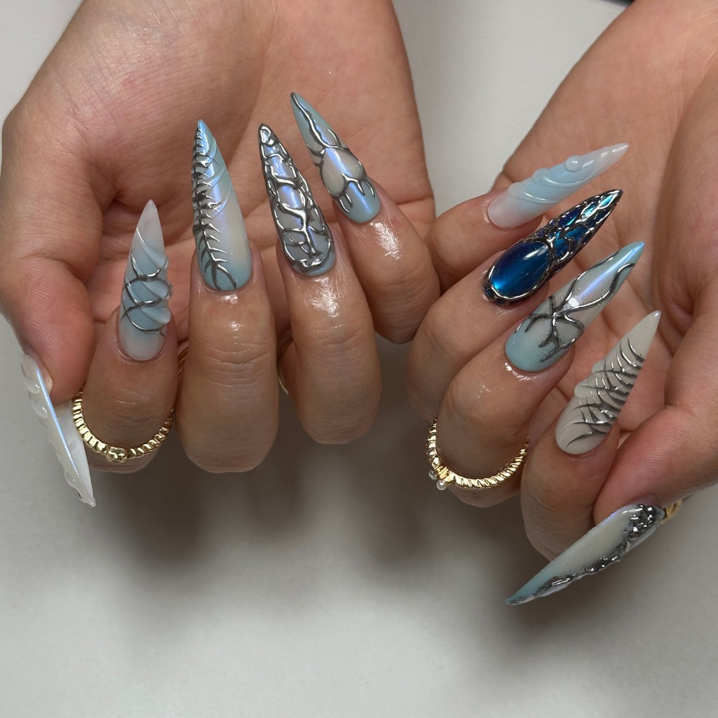 IceBlue Couture Stiletto Nails – 3D Silver Sculpted Art Press-Ons