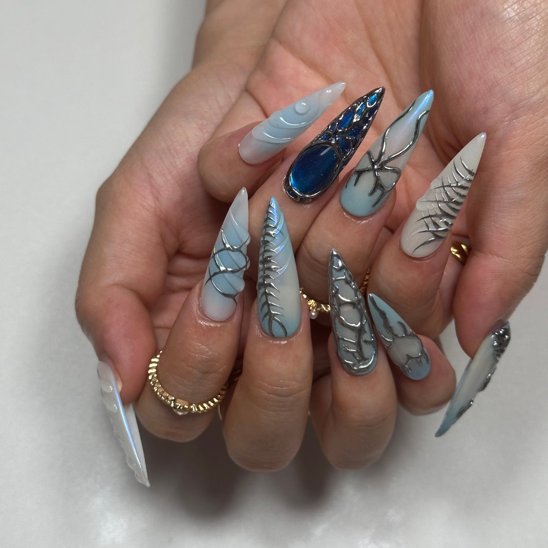 IceBlue Couture Stiletto Nails – 3D Silver Sculpted Art Press-Ons