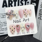 Pink & Nude Glitter Nails with Bows, Heart Rhinestones & Pearls | Press-On Nail Art for Birthday, Wedding & Party