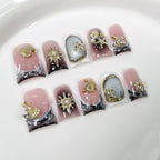 Pink Marble Press-On Nails with Gold Sea Shells, Pearls & Designer-Inspired Charms | Elegant Luxury Nail Art for Summer & Events