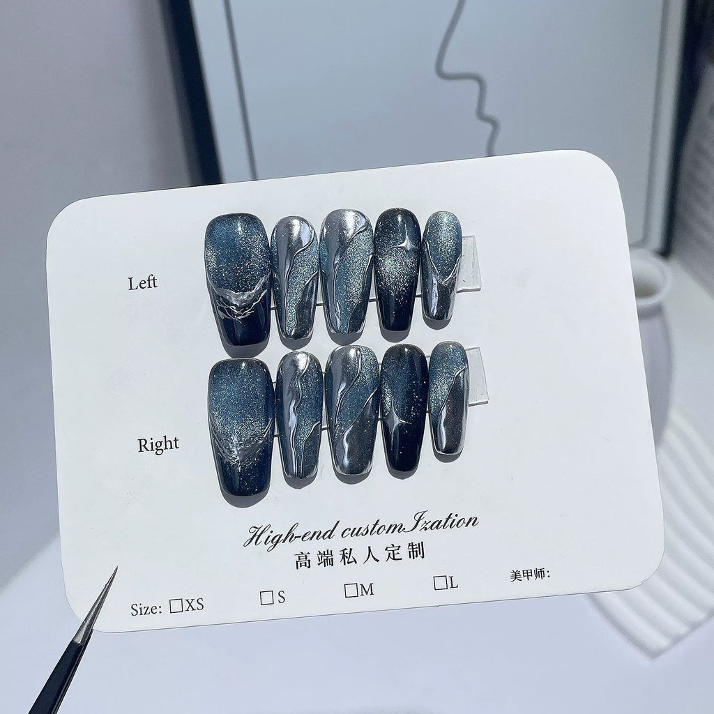 Blue & Black Gradient Press-On Nails | Silver Metallic Line & Glitter Accents | Futuristic Tech & Dark Style Nail Art