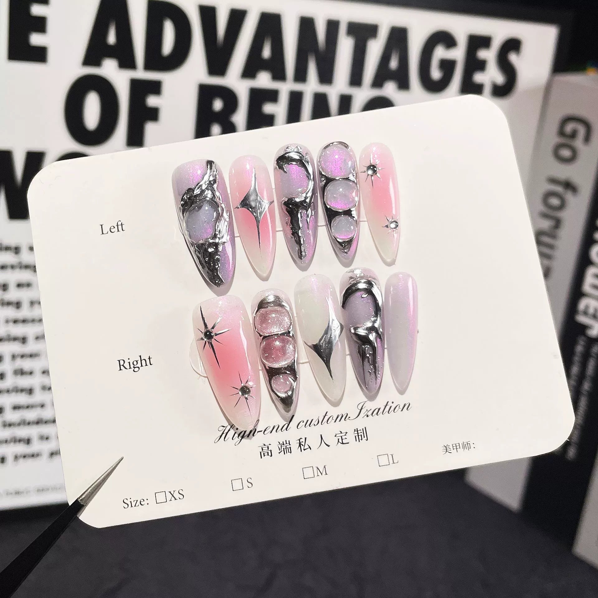 Pink Purple Gradient 3D Press-On Nails | Silver Metallic Accents | Futuristic Luxury Nails for Party, Fashion Show, Date
