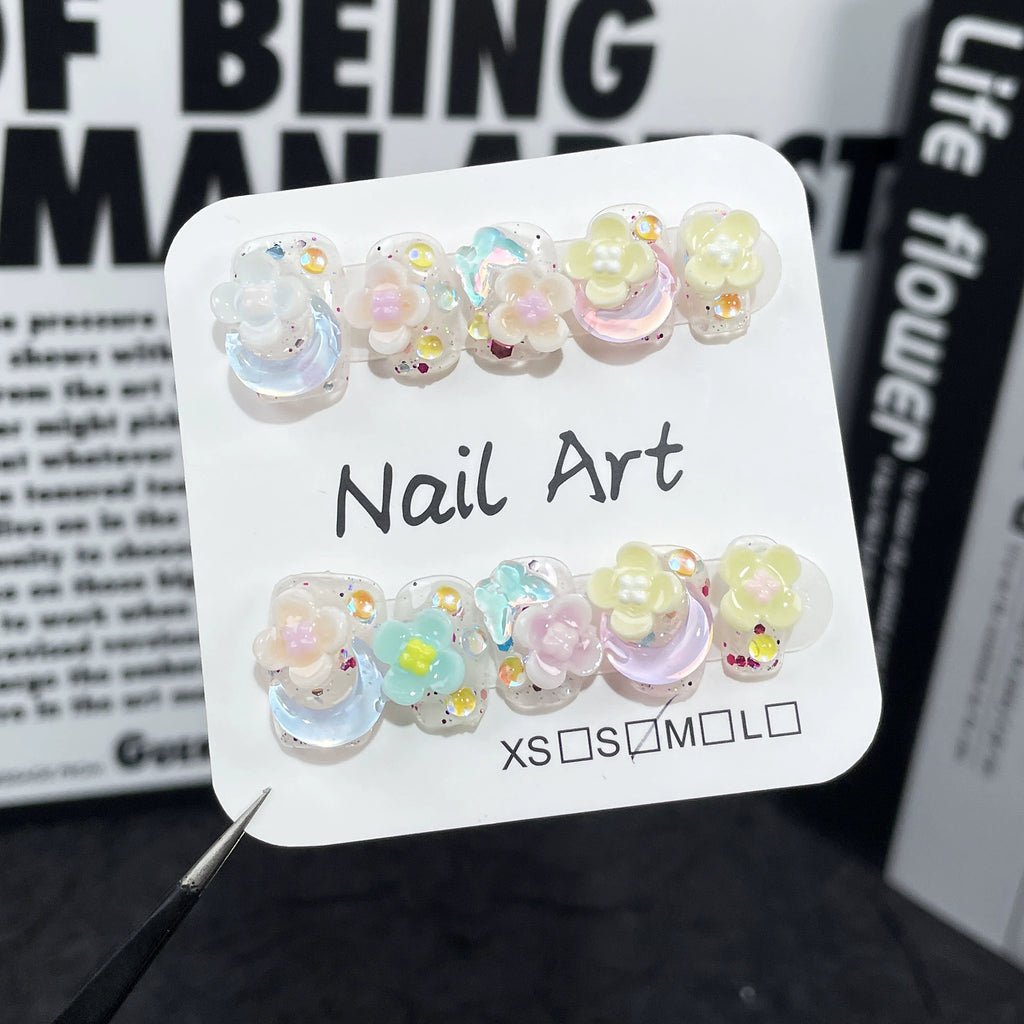 Spring 3D Flower Press-On Nails with Pearls & Glitter | Cute Pastel Garden Nail Art | Easter & Mother’s Day Party Nails