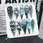 Blue-Green & Silver Futuristic Press-On Nails with Holographic Gems & Metallic Accents | Sci-Fi Inspired Nail Art for Fashion Shows & Music Festivals
