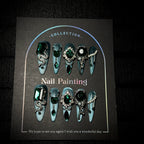 Teal Silver Gothic Press-On Nails | Snake Metal Design with Green Gemstones & Rhinestones | Dark Luxury Nail Art for Halloween & Party