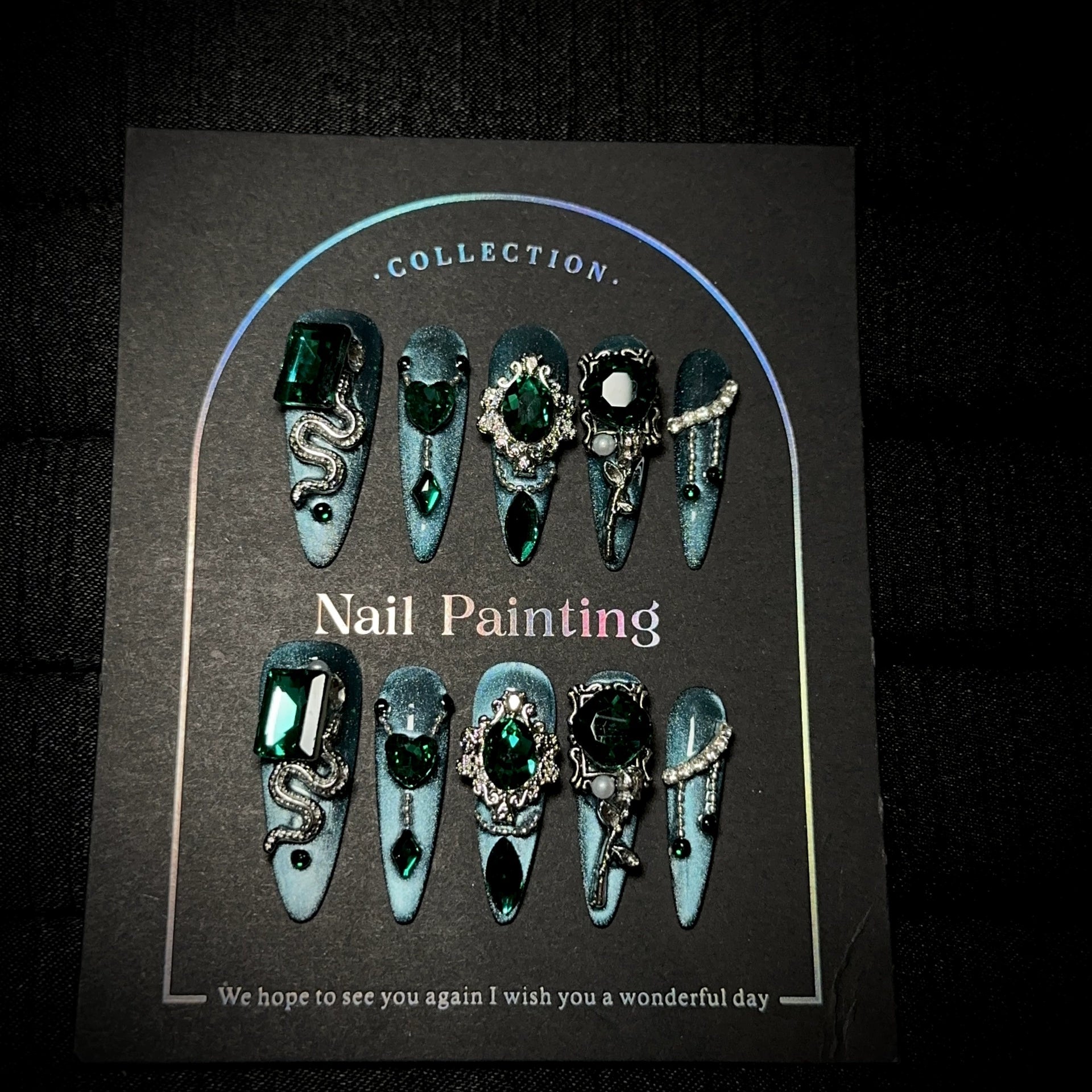 Teal Silver Gothic Press-On Nails | Snake Metal Design with Green Gemstones & Rhinestones | Dark Luxury Nail Art for Halloween & Party
