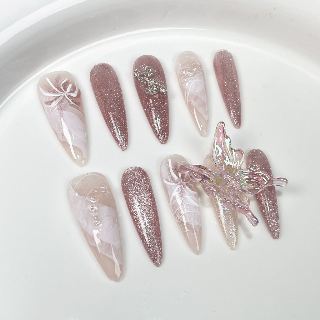 Nude Pink & Light Brown Nails with Diamonds & 3D Butterfly | Sweet Fairy Press-On Nail Art for Wedding, Tea Party & Spring Event