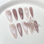 Nude Pink & Light Brown Nails with Diamonds & 3D Butterfly | Sweet Fairy Press-On Nail Art for Wedding, Tea Party & Spring Event