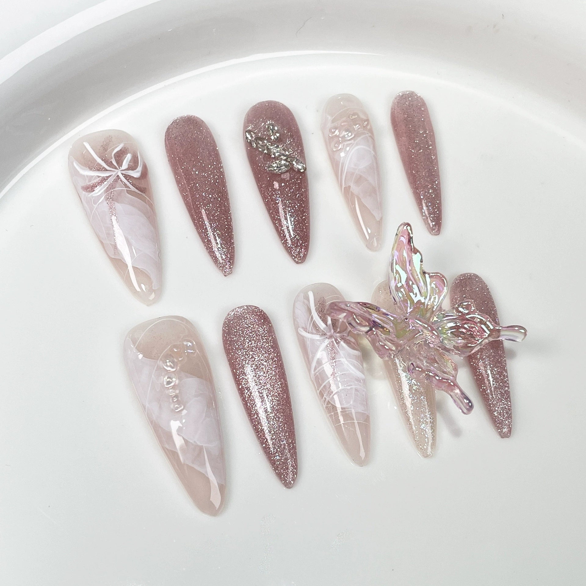 Nude Pink & Light Brown Nails with Diamonds & 3D Butterfly | Sweet Fairy Press-On Nail Art for Wedding, Tea Party & Spring Event