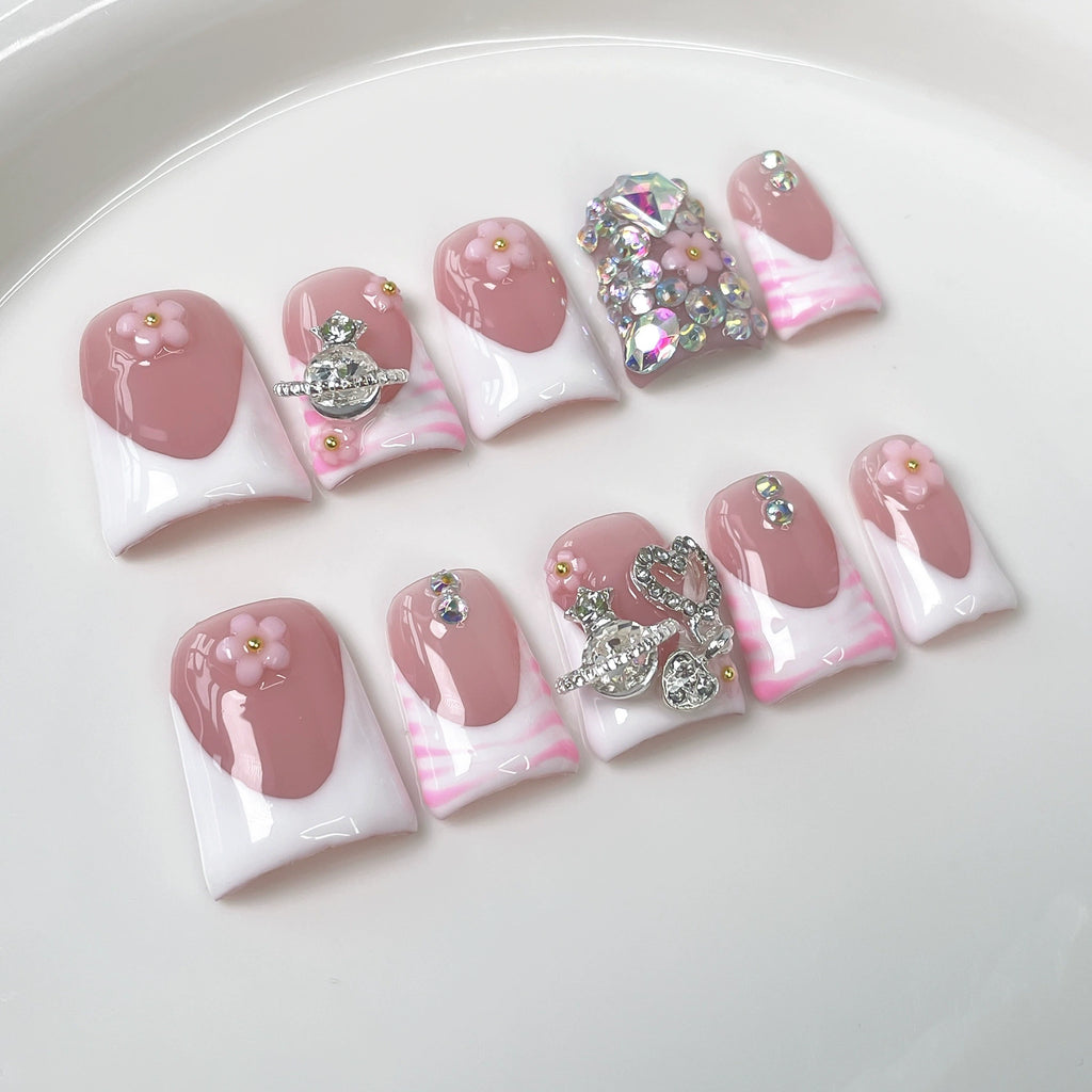 Elegant French Nude Pink Press-On Nails | 3D Flower & Crystal Nail Art with Silver Heart Ring Accents | Luxury Princess Nails for Wedding & Valentine’s Day