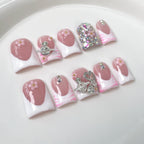 Elegant French Nude Pink Press-On Nails | 3D Flower & Crystal Nail Art with Silver Heart Ring Accents | Luxury Princess Nails for Wedding & Valentine’s Day