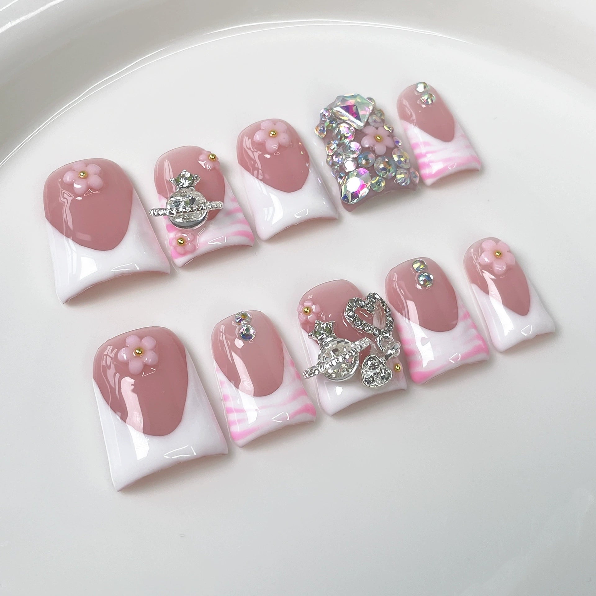 Elegant French Nude Pink Press-On Nails | 3D Flower & Crystal Nail Art with Silver Heart Ring Accents | Luxury Princess Nails for Wedding & Valentine’s Day