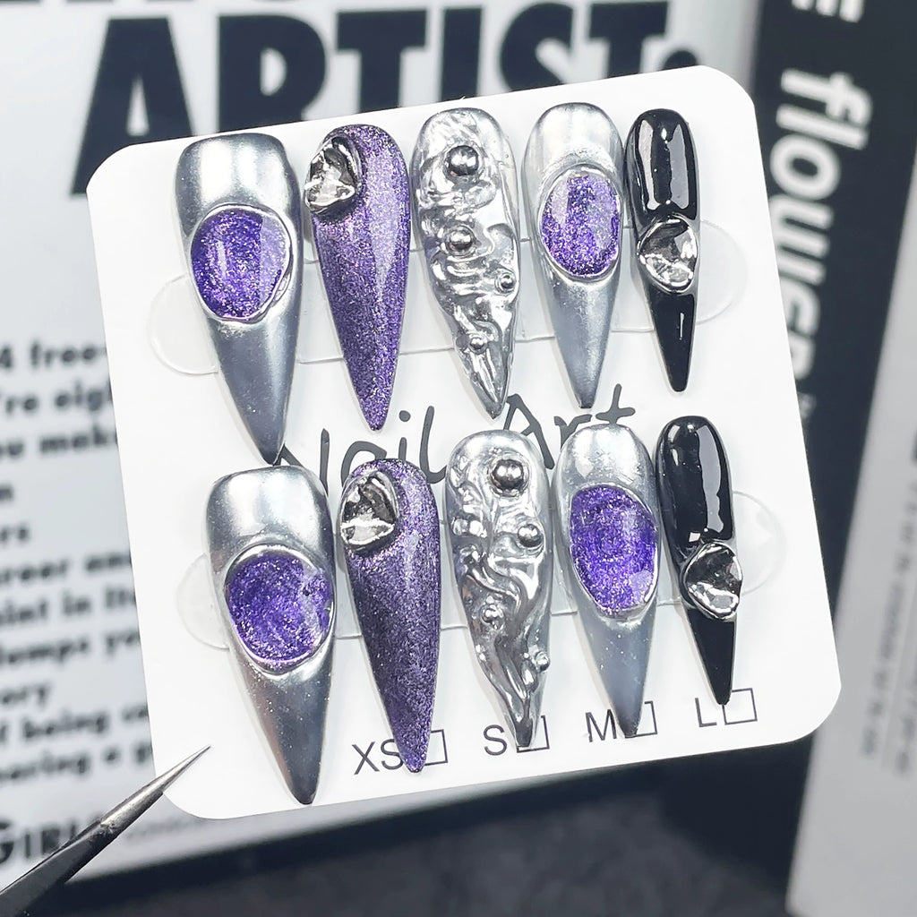 Silver, Purple & Black Futuristic Press-On Nails with Diamond Accents | Cyberpunk Tech-Inspired Nail Art for Fashion Shows, Music Festivals & Tech Events