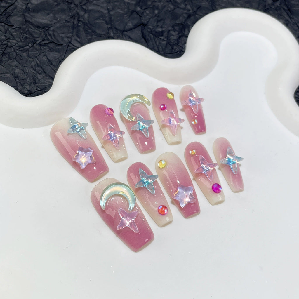 Pink & White Gradient Press-On Nails | Iridescent Stars, Moon Charms & Colorful Rhinestones | Dreamy Fairy Nail Art for Parties & Romantic Events
