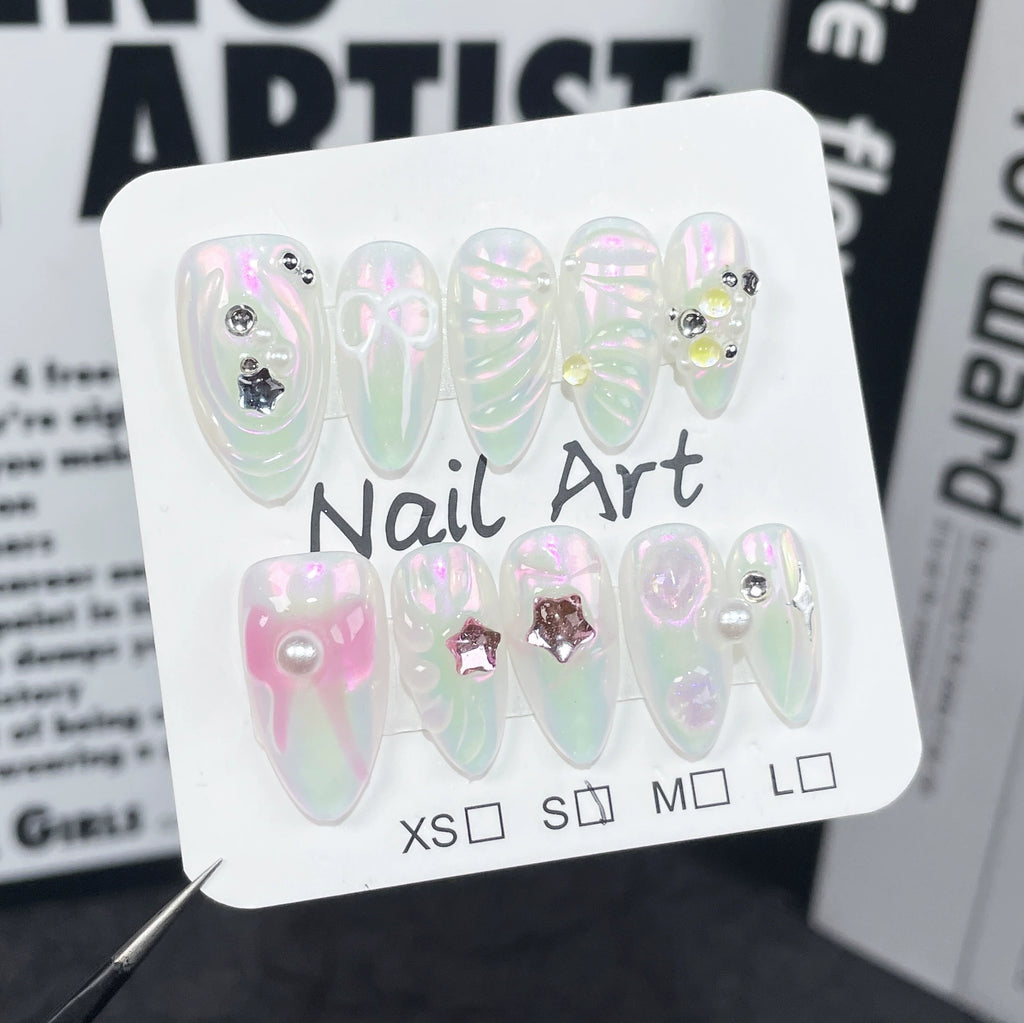 Transparent Iridescent Press-On Nails | 3D Stars, Hand-Painted Bows & Pearls | Ethereal Fairy Nail Art for Parties & Photoshoots