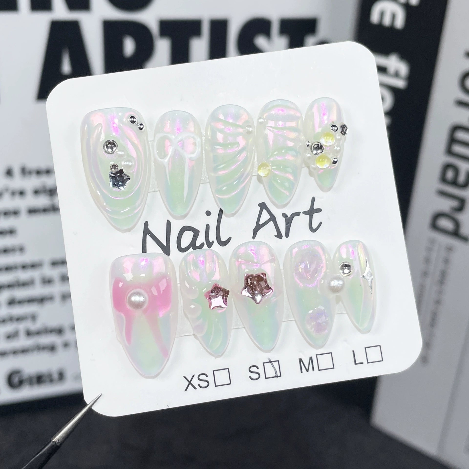 Transparent Iridescent Press-On Nails | 3D Stars, Hand-Painted Bows & Pearls | Ethereal Fairy Nail Art for Parties & Photoshoots