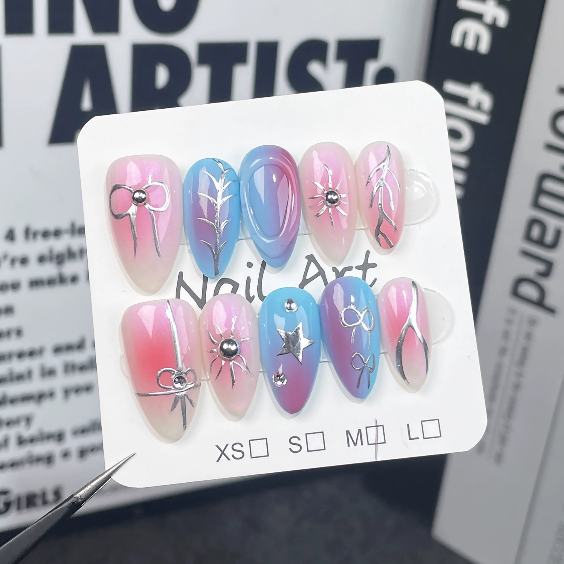 Dreamy Metal Chic - Gradient Press-On Nails | Silver Line Nail Art for Music Festival & Street Style | Pink Blue Purple Nails with Bow & Star Accents