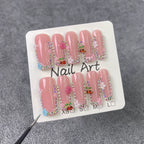 Sweet Cherry Blossom - Floral Press-On Nails | 3D Cute Nail Art for Date & Spring Outing | Pink Rhinestone Nails with Colorful Flowers & Cherry Accents