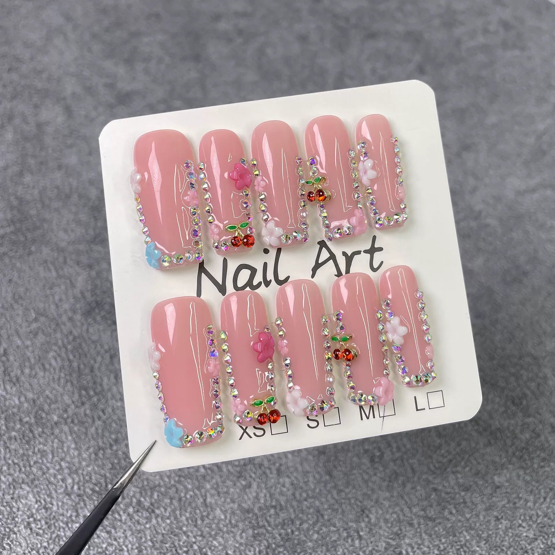 Sweet Cherry Blossom - Floral Press-On Nails | 3D Cute Nail Art for Date & Spring Outing | Pink Rhinestone Nails with Colorful Flowers & Cherry Accents
