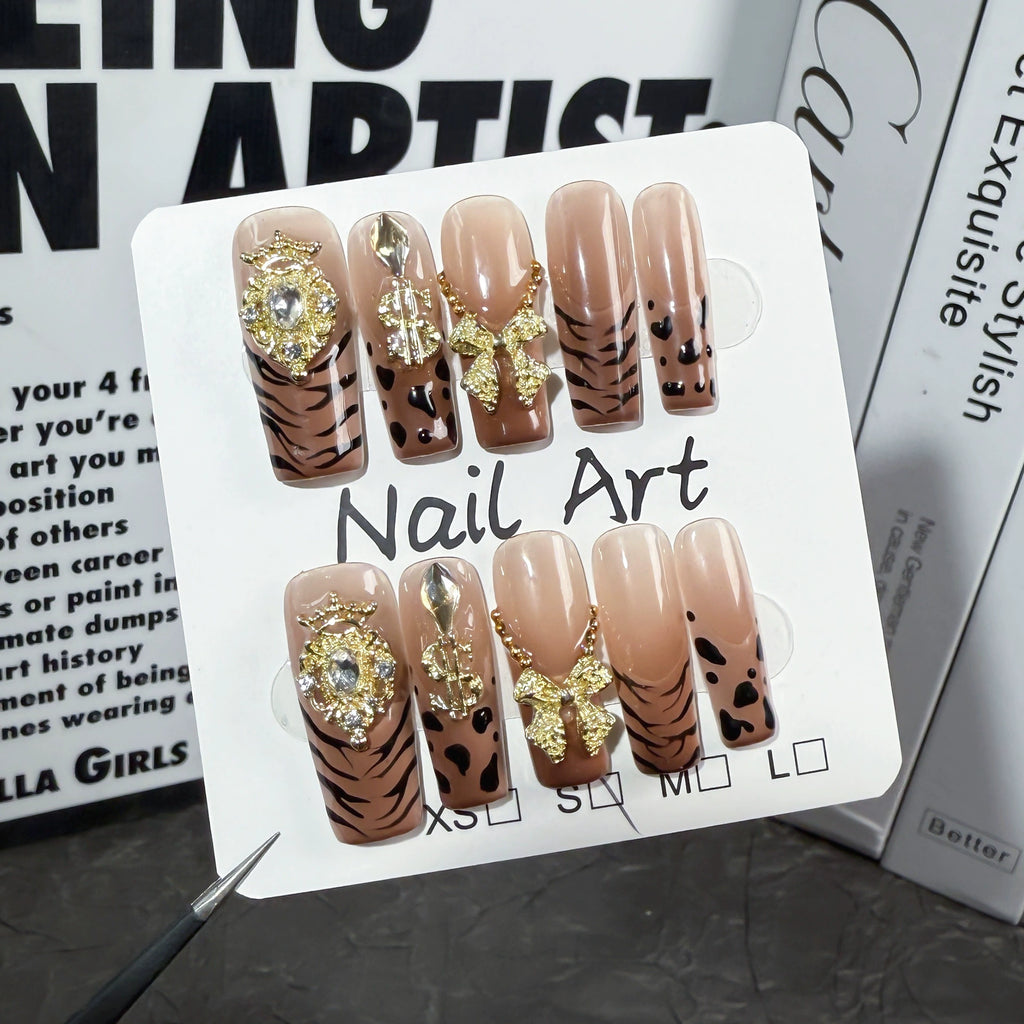Wild Luxe Leopard - Crown Press-On Nails | 3D Animal Print Nail Art for Fashion Party & Club Night | Gold Dollar & Rhinestone Nails with Bow Accents