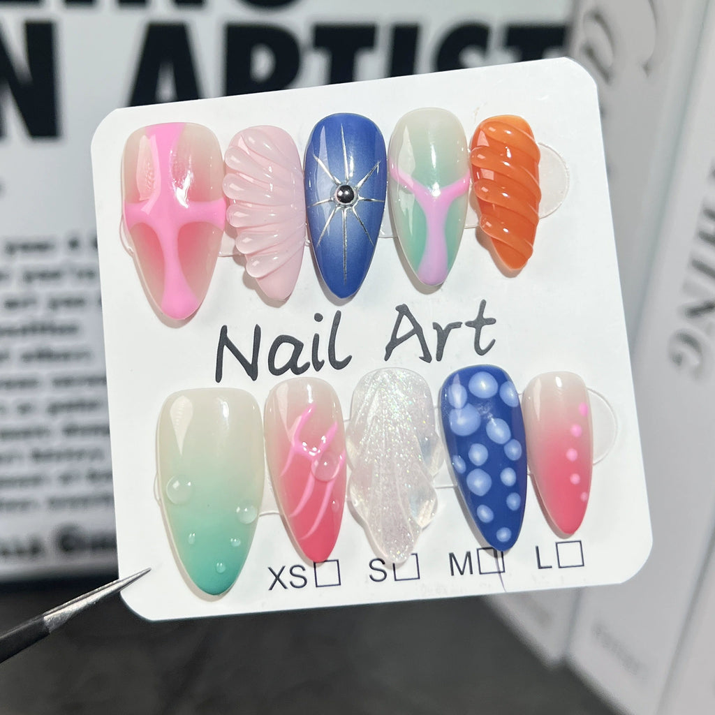 3D Color Pop Press-On Nails | Gradient Glitter Nail Art with Beads & Metal Accents | Vibrant Nails for Party & Street Style