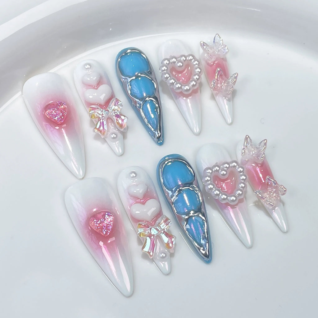 White Pink Blue Press-On Nails with 3D Hearts & Pearls | Sweet Girly Nail Art for Valentine’s Day & Birthday Parties
