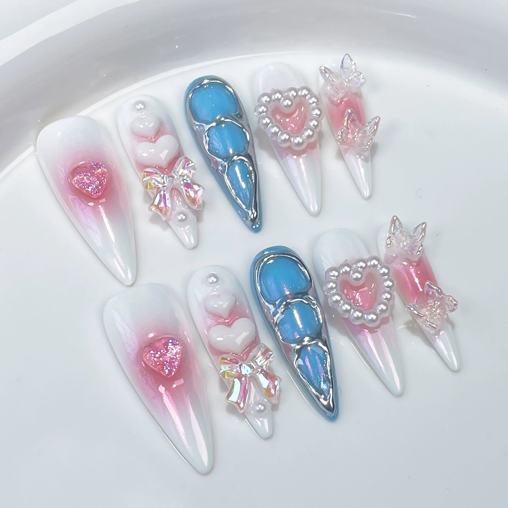 White Pink Blue Press-On Nails with 3D Hearts & Pearls | Sweet Girly Nail Art for Valentine’s Day & Birthday Parties