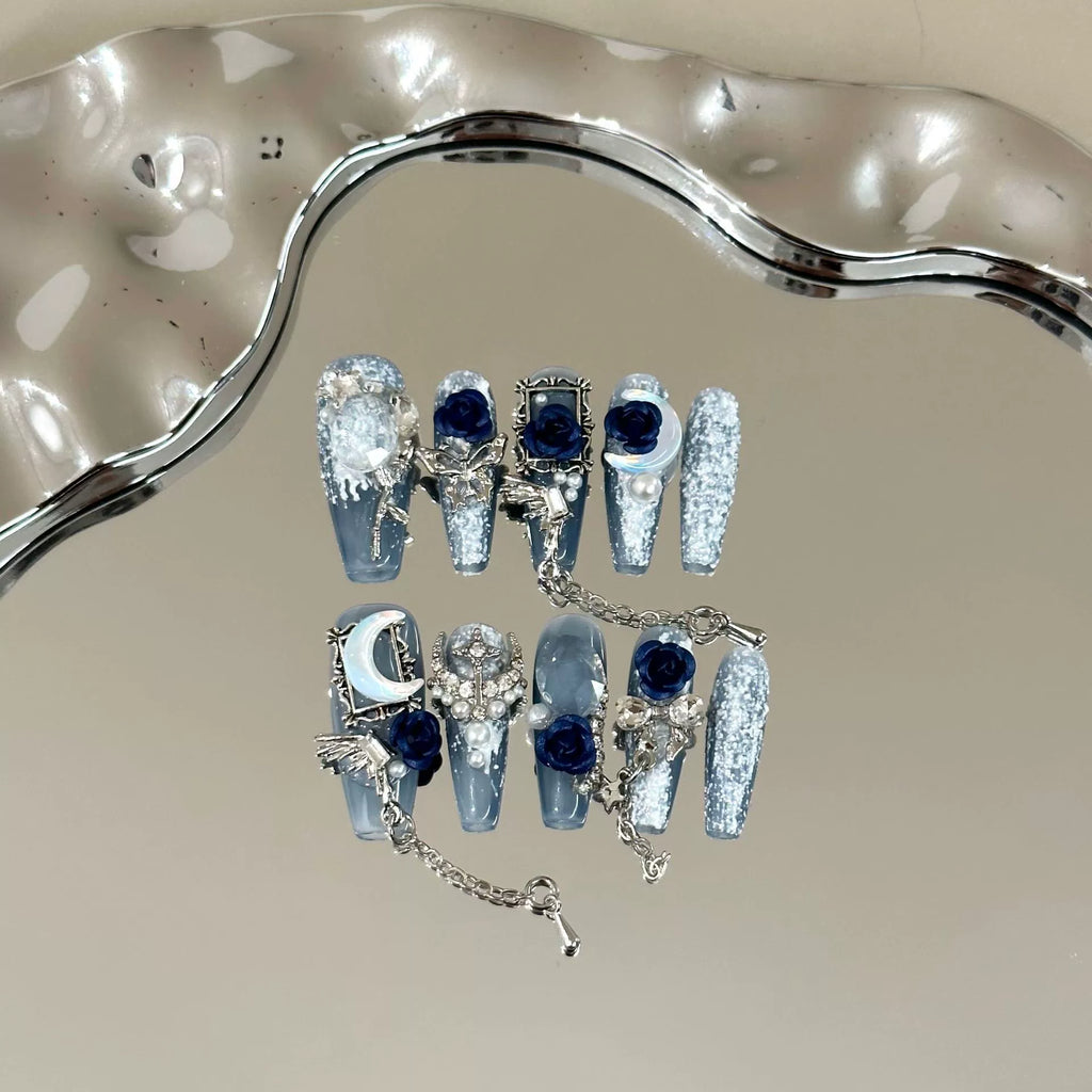 Light Blue Glitter Press-On Nails | 3D Dark Blue Flowers, Silver Wings & Fantasy Decorations | Glamorous Dark Fairy Tale Nail Art for Parties & Halloween