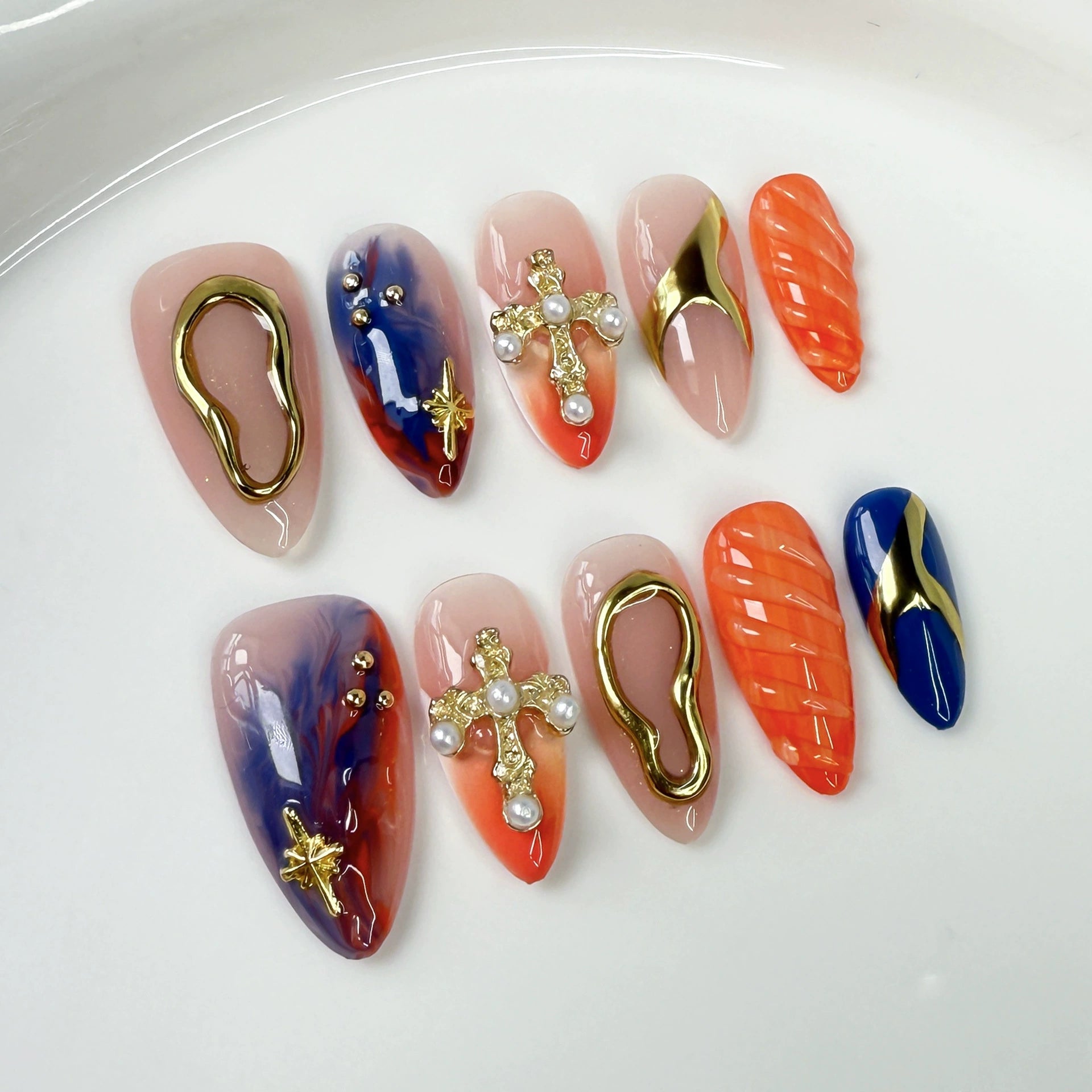 Glam Art Mix Press-On Nails | Nude Gold Blue Orange with Gradient & Pearl Cross | Luxurious Nail Art for Party & Fashion Look