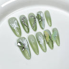 Green Gradient 3D Press-On Nails | Butterfly & Gem Accents | Elegant Forest Nails for Spring, Wedding, Art Gatherings