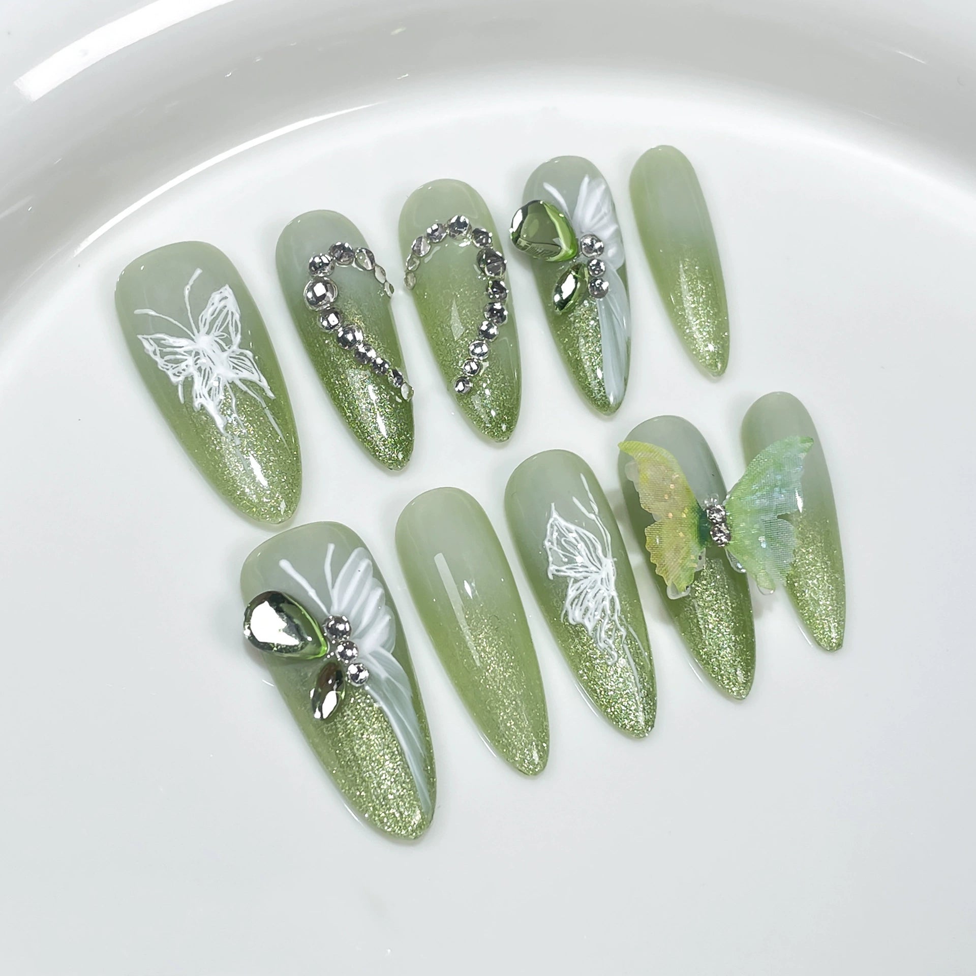 Green Gradient 3D Press-On Nails | Butterfly & Gem Accents | Elegant Forest Nails for Spring, Wedding, Art Gatherings