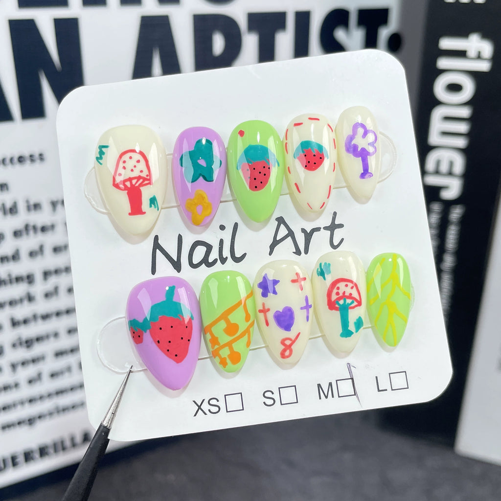 Colorful Strawberry Mushroom Press-On Nails with Stars, Flowers & Musical Notes | Cute Whimsical Nail Art for Kids, Parties & Playdates