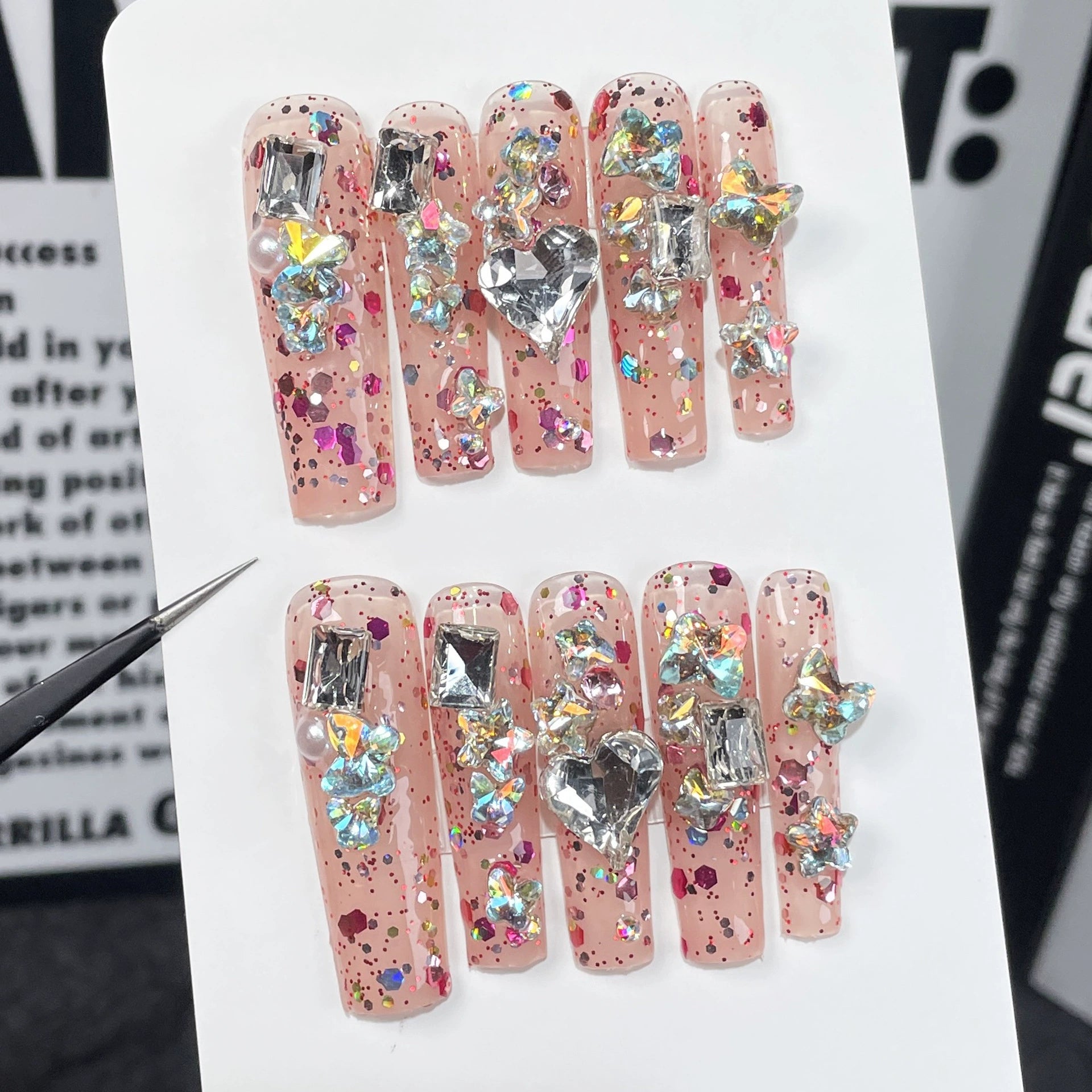 Pastel Pink Princess Press-On Nails with Multicolor Glitter, Rhinestones & Pearls | Sweet Glam Nail Art for Balls, Parties & Weddings
