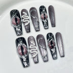 Black Purple Silver Press-On Nails | Snake Pattern & Metallic Lines | Dark Gothic Cool Nails for Halloween, Rock Festival, Gothic Party