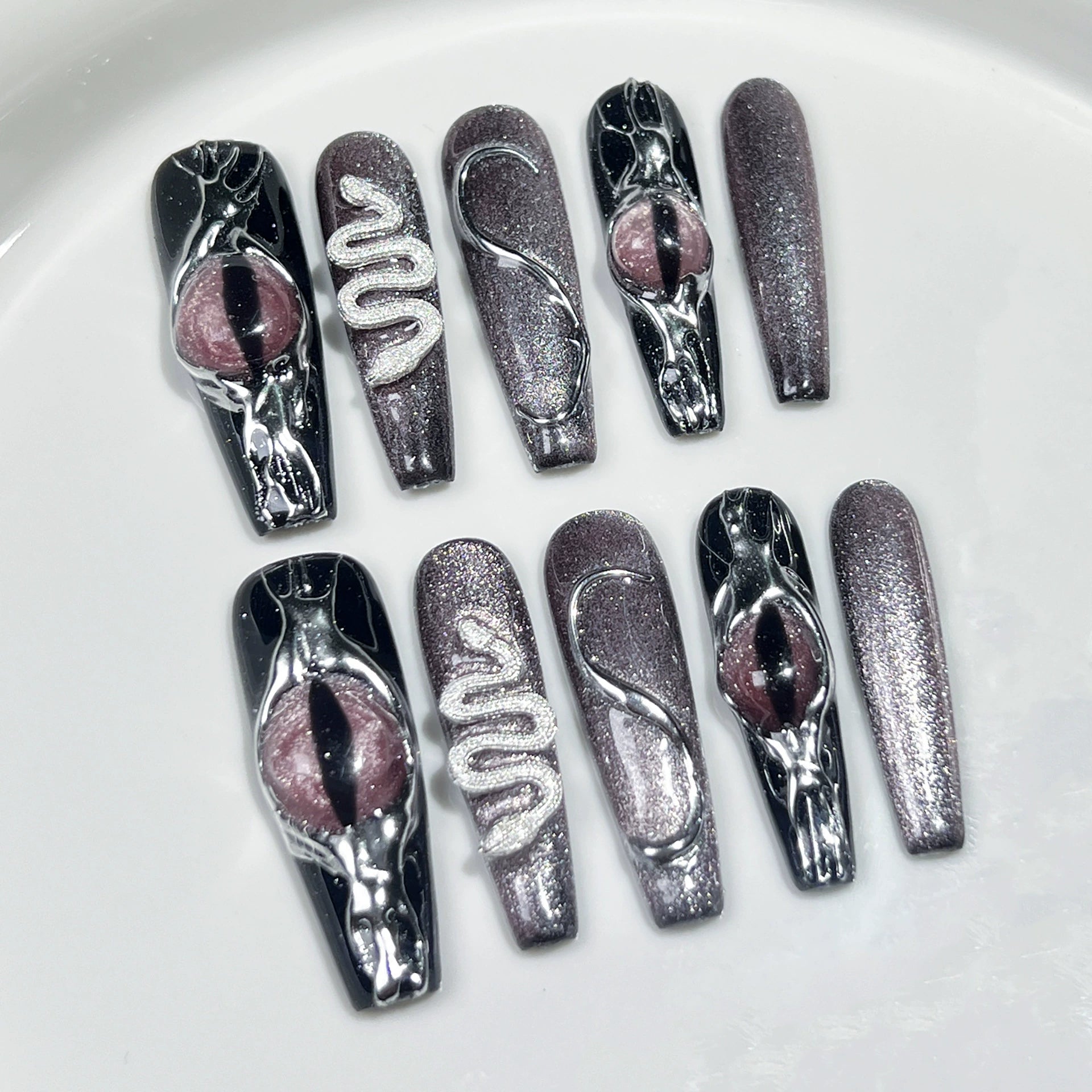 Black Purple Silver Press-On Nails | Snake Pattern & Metallic Lines | Dark Gothic Cool Nails for Halloween, Rock Festival, Gothic Party
