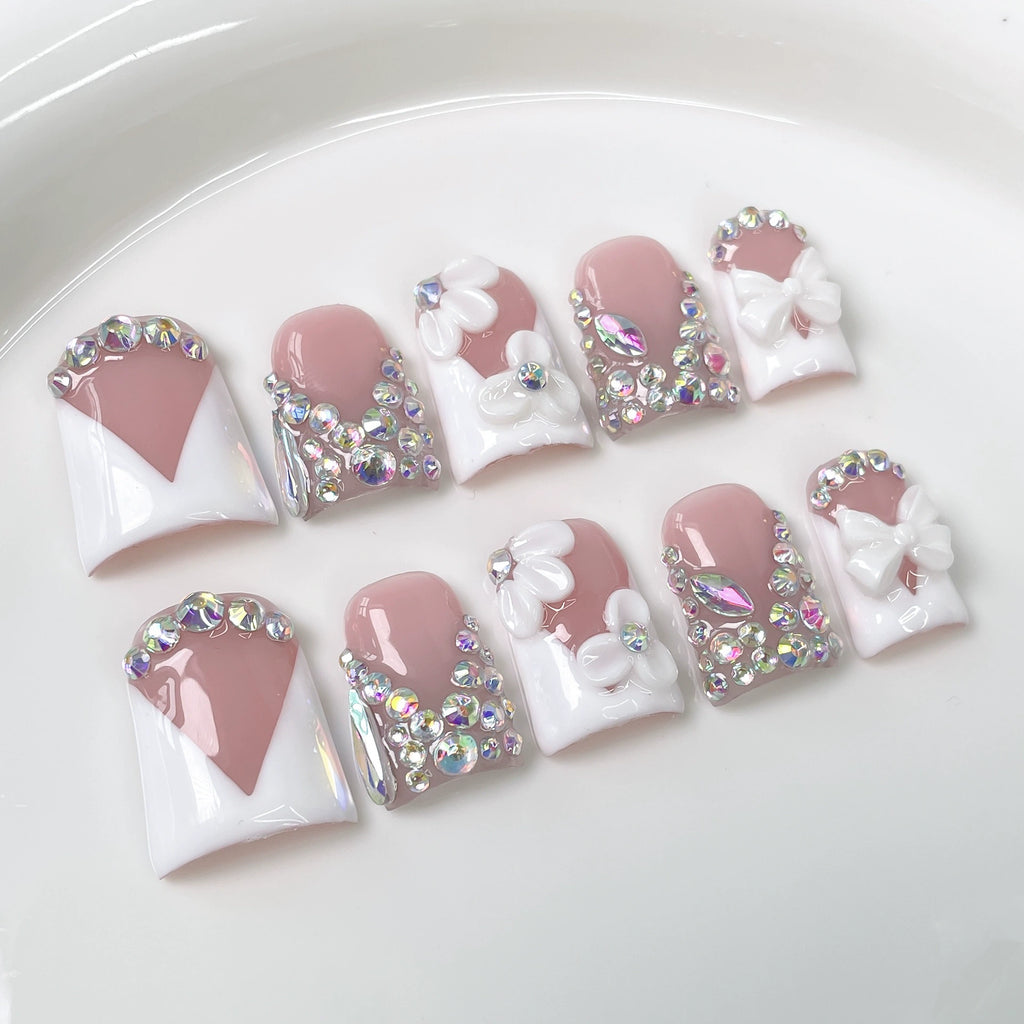 Elegant Princess Nude Pink & White Nails | 3D Flower & Bow Press-On Nails with Rhinestones & Geometric Design | Wedding, Valentine’s Day, Christmas Nail Art