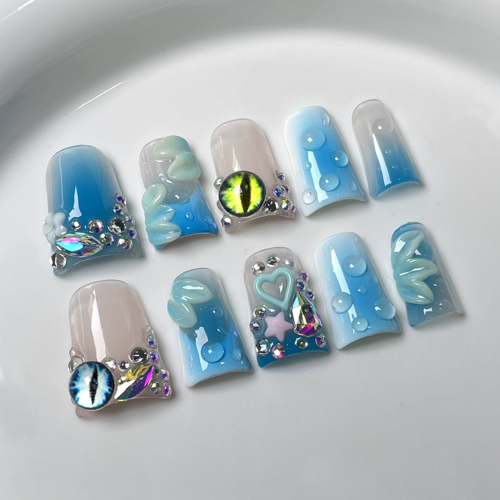 Mystic Blue-White Gradient Press-On Nails | 3D Eye & Waterdrop Nail Art with Rhinestones & Stars | Fantasy Dream Nails for Halloween & Party Looks