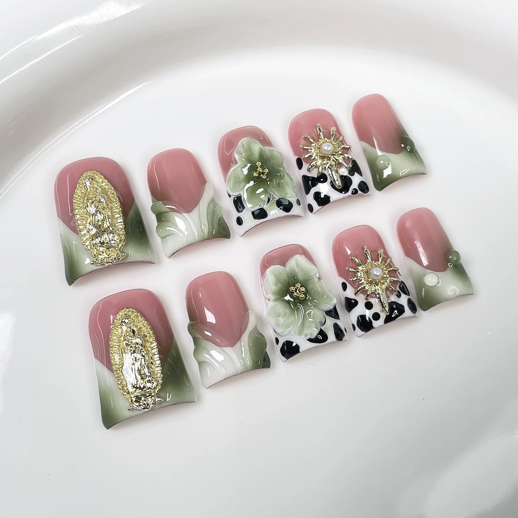 Pink Olive Green Gradient Press-On Nails | Vintage Religious Art Style with Leopard Print, Gold Embossed Charms & Pearls