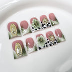Pink Olive Green Gradient Press-On Nails | Vintage Religious Art Style with Leopard Print, Gold Embossed Charms & Pearls