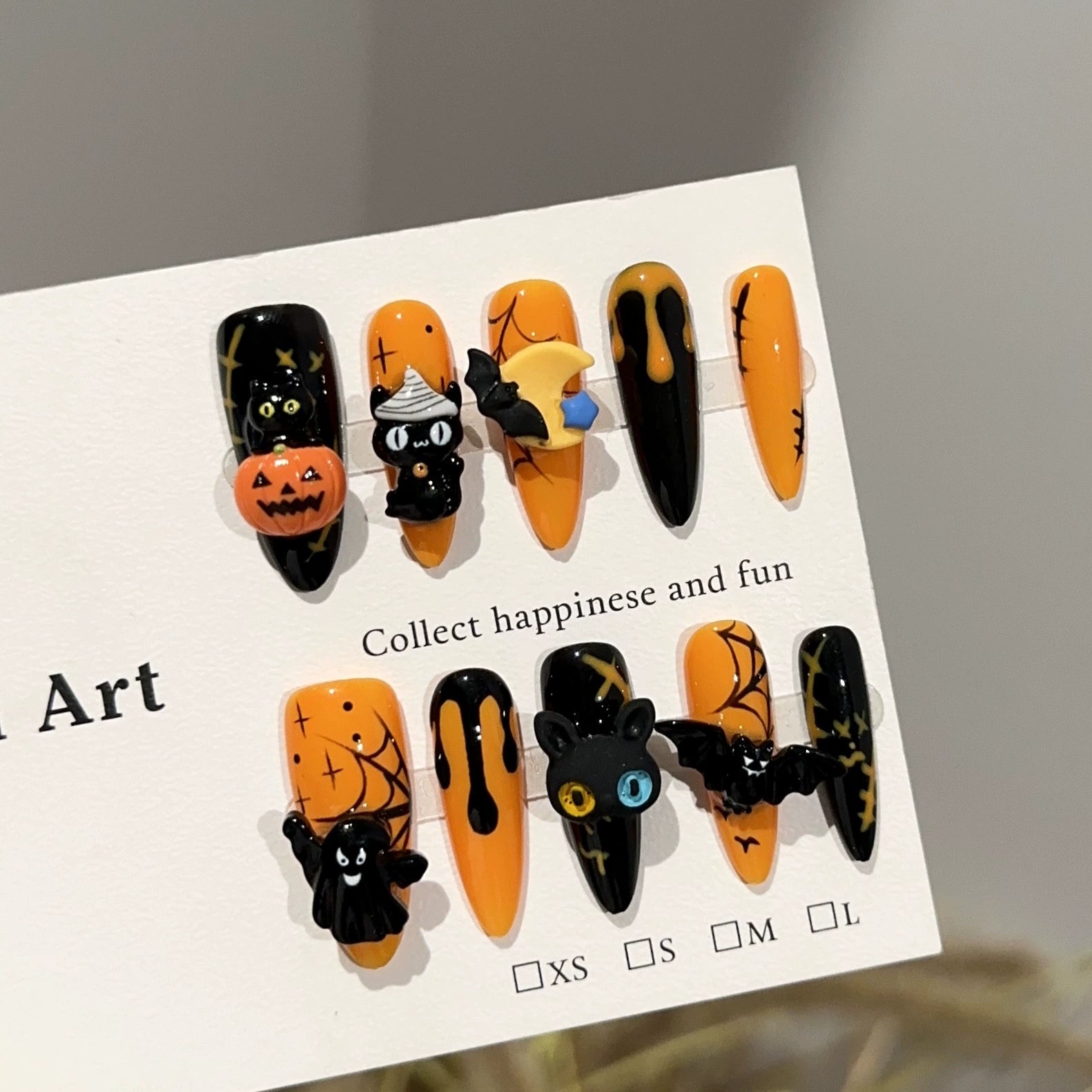 Halloween 3D Press-On Nails | Spooky Pumpkin, Black Cat, Bat & Ghost Nail Art | Spider Web & Melting Effect Party Nails
