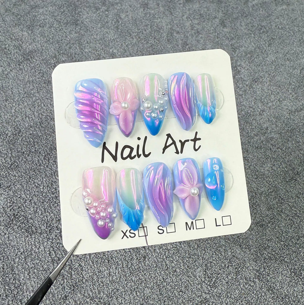 Handmade Press On Nails Collection: Pastel Fantasy & Iridescent Dreams - Unique 3D Flower, Swirl & Pearl Designs for Trendy Nails