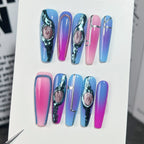 Blue Pink Purple Gradient Press-On Nails | Metallic Lines & Chains | Futuristic Cool & Sweet Nails for Party, Music Festival, Creative Work
