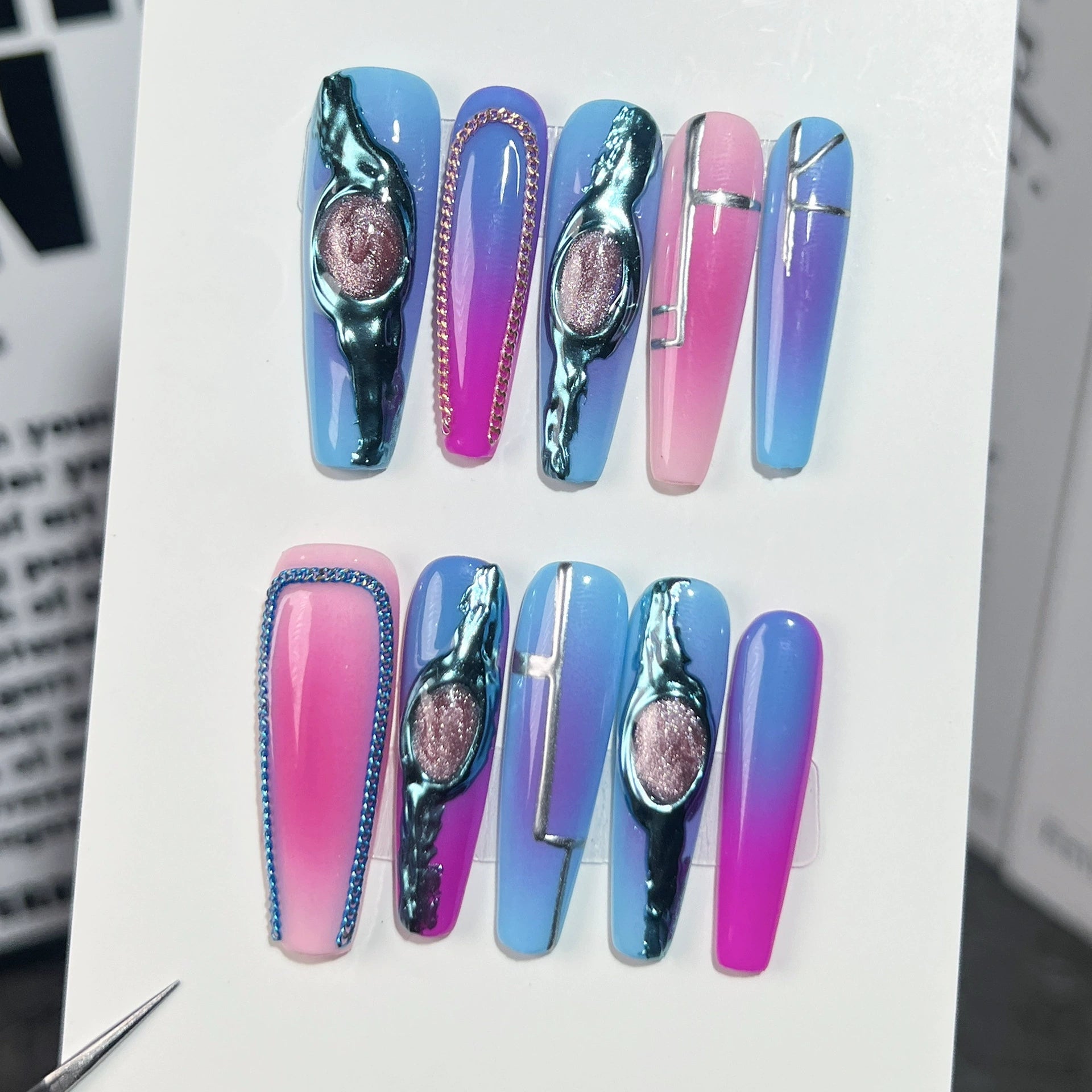 Blue Pink Purple Gradient Press-On Nails | Metallic Lines & Chains | Futuristic Cool & Sweet Nails for Party, Music Festival, Creative Work