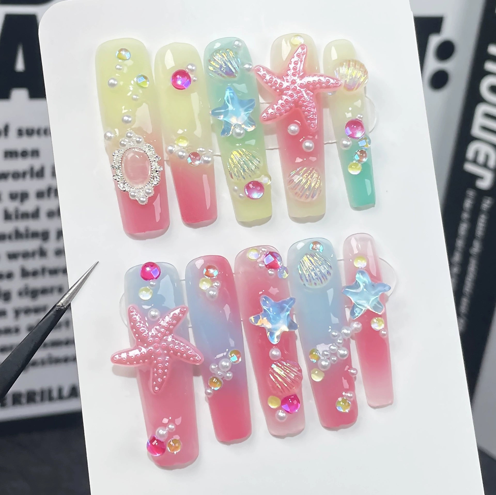 Pastel Ocean Gradient Press-On Nails with 3D Starfish, Shells & Pearls | Sweet Beach Fantasy Nails for Summer Vacation, Pool & Beach Parties