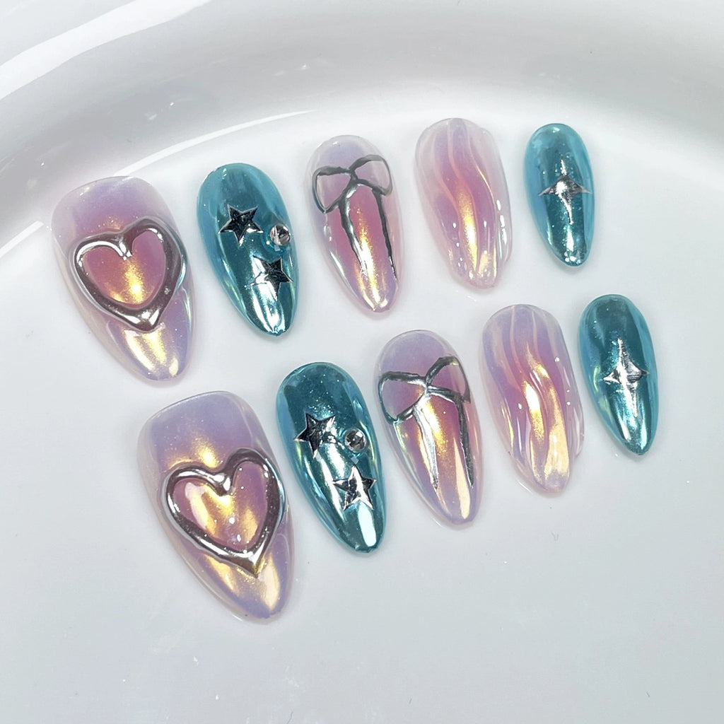 Dreamy Pop - Iridescent Gradient Press-On Nails with Silver Heart, Star & Bow Accents | Sweet Cool Nail Art for Festival & Party