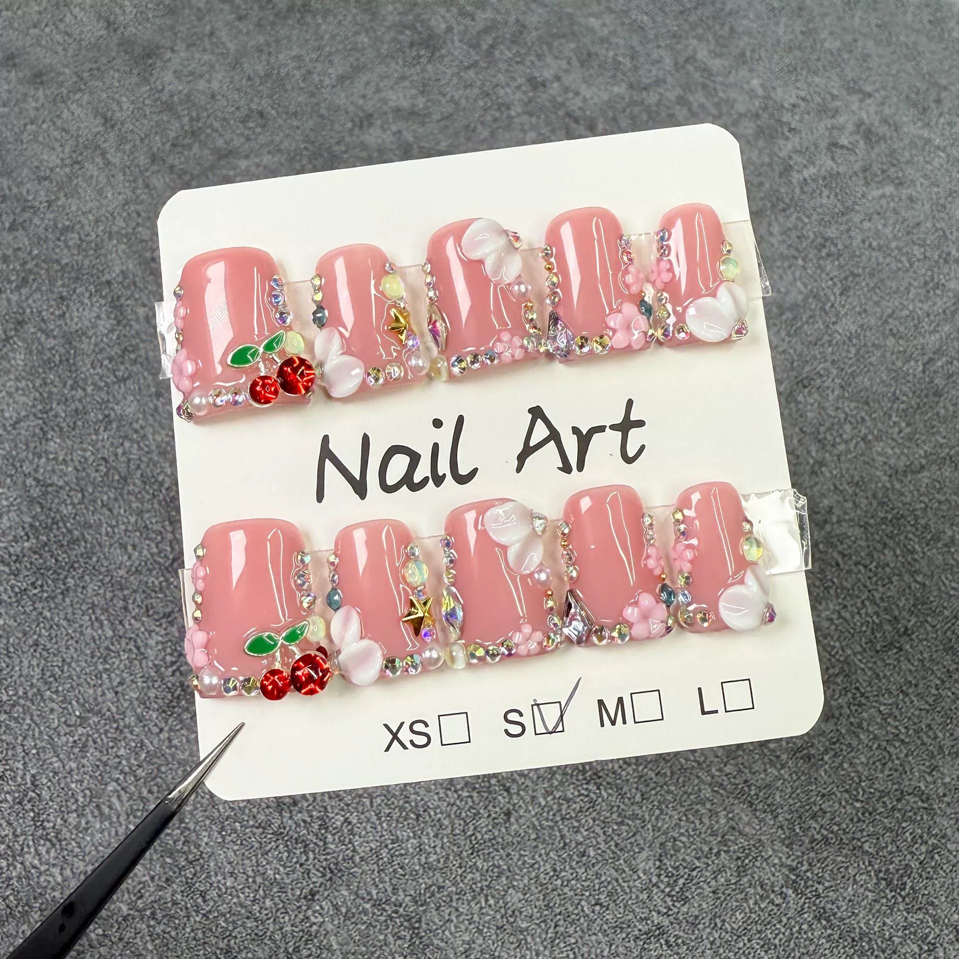 Sweet Pink Cherry Press-On Nails | 3D Flower & Pearl Nail Art with Rhinestones | Cute Romantic Nails for Valentine’s Day & Date Looks